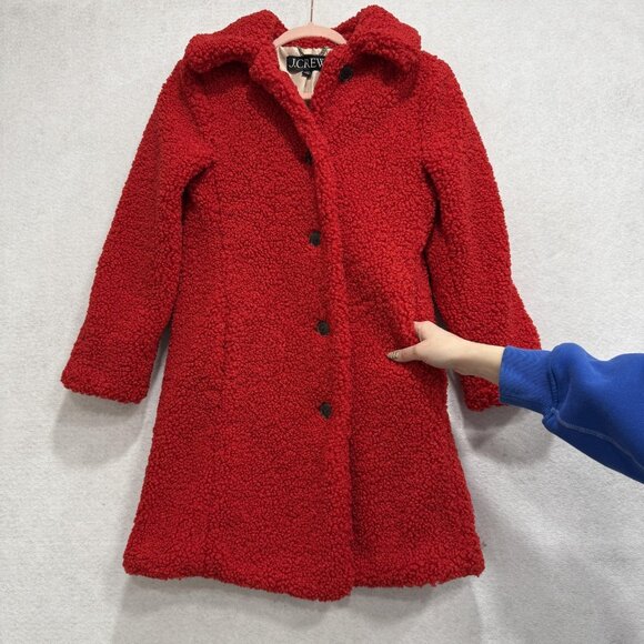 J Crew Coat Womens XSP Red Faux Fur Teddy Shearling Button Front Mid Length - Picture 3 of 12